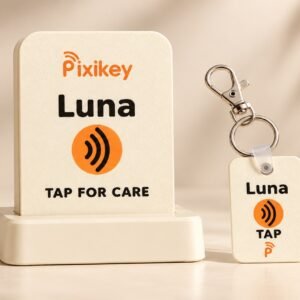 Pixikey Pet Care Set: personalized Luna NFC home care station with display base and matching NFC collar tag.