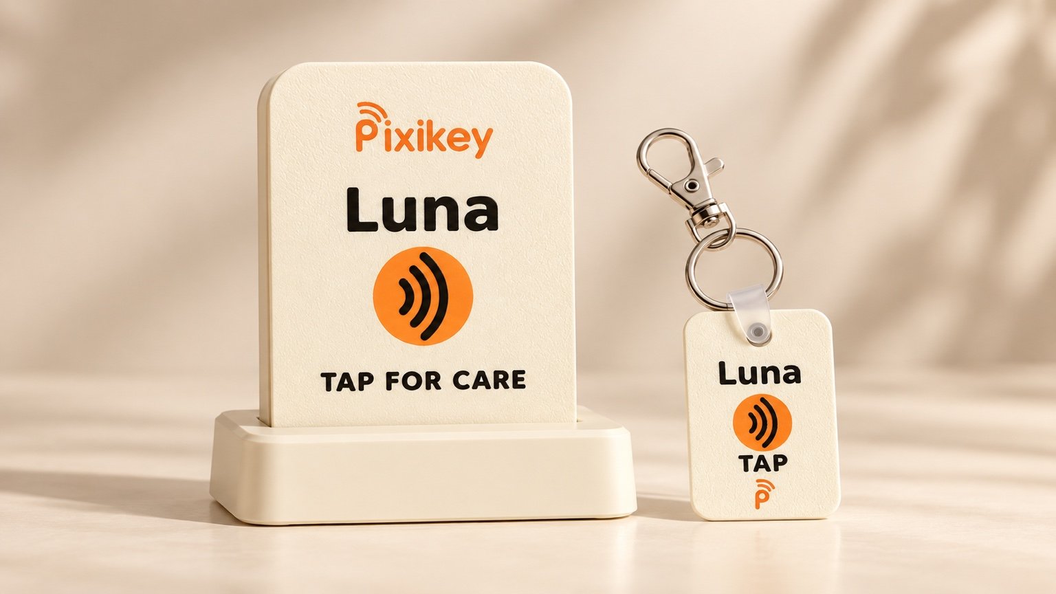 Pixikey Pet Care Set: personalized Luna NFC home care station with display base and matching NFC collar tag.